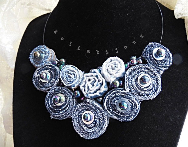Colier Statement Handmade din Blugi Reciclați și Mărgele Irisate Unicat, Stil Urban-Șic (cod1414)