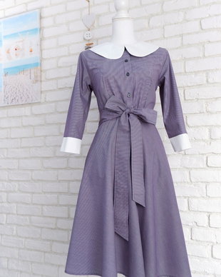 Rochie Camasa Denim cu Dungi si Guler Mare Rotund Alb