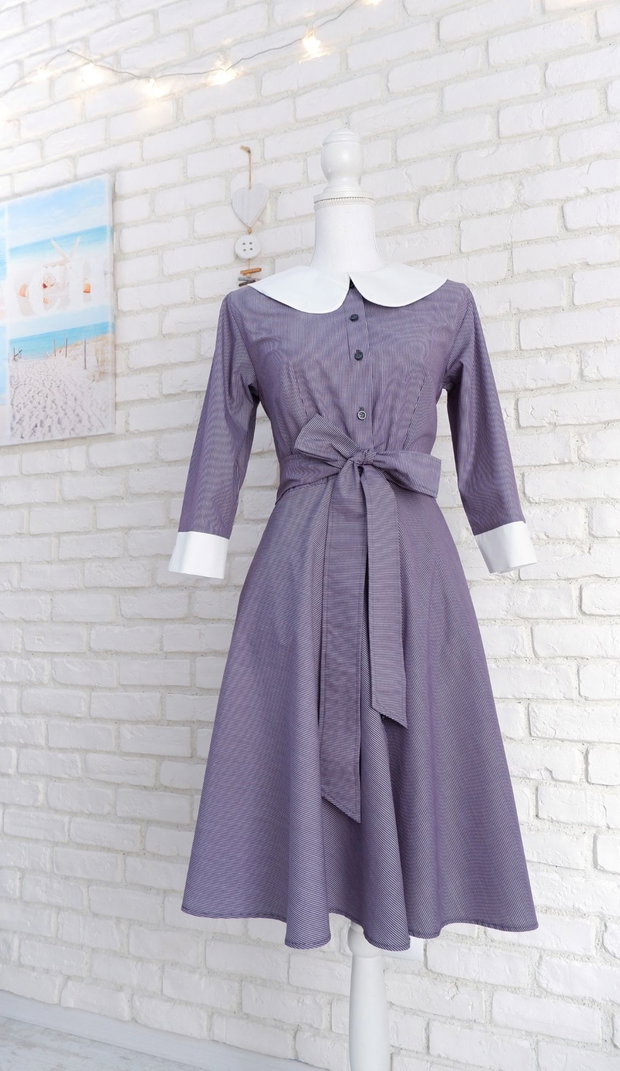 Rochie Camasa Denim cu Dungi si Guler Mare Rotund Alb