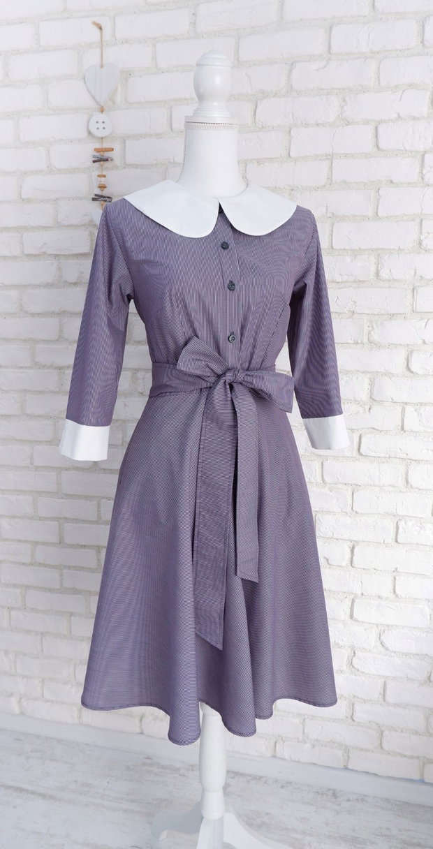 Rochie Camasa Denim cu Dungi si Guler Mare Rotund Alb