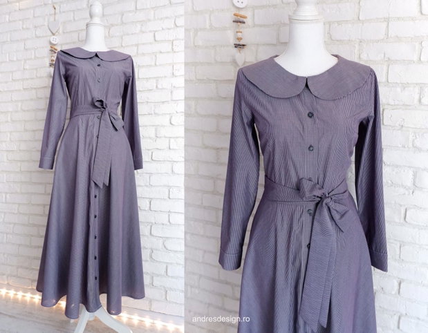Rochie Camasa Denim cu Dungi si Guler Mare Rotund Alb