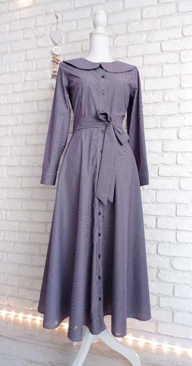 Rochie Camasa Denim cu Dungi si Guler Mare Rotund Alb