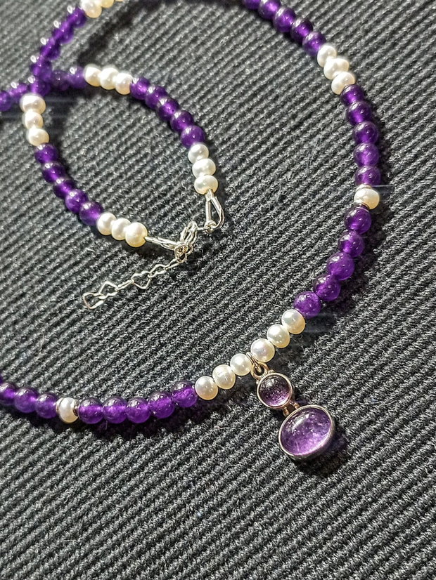Colier argint ametist perle naturale de cultura charm ametist argint boho chic trendy