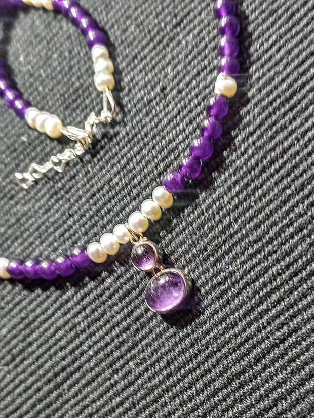 Colier argint ametist perle naturale de cultura charm ametist argint boho chic trendy