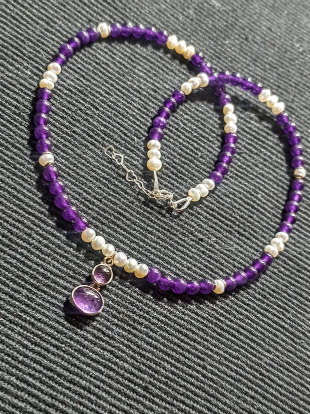 Colier argint ametist perle naturale de cultura charm ametist argint boho chic trendy