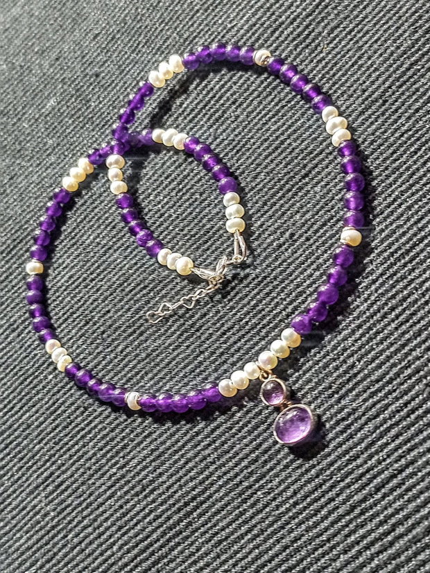 Colier argint ametist perle naturale de cultura charm ametist argint boho chic trendy