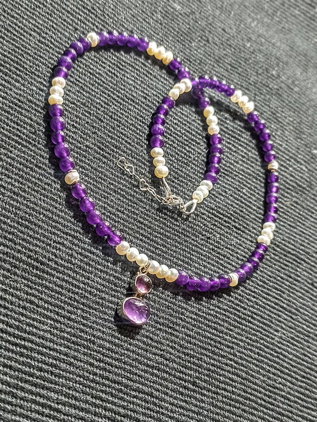 Colier argint ametist perle naturale de cultura charm ametist argint boho chic trendy