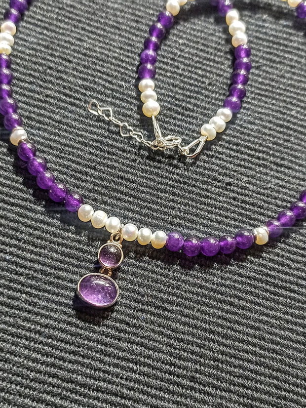 Colier argint ametist perle naturale de cultura charm ametist argint boho chic trendy