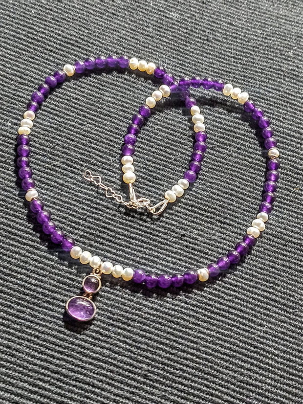 Colier argint ametist perle naturale de cultura charm ametist argint boho chic trendy