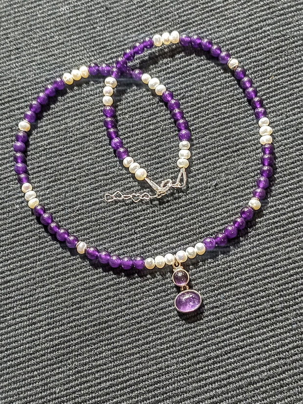 Colier argint ametist perle naturale de cultura charm ametist argint boho chic trendy