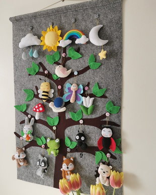 Panou din fetru, copac cu 18 figurine detașabile, handmade