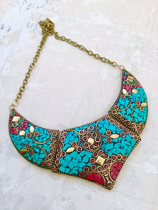 Colier Nepalez coral & turcoaz