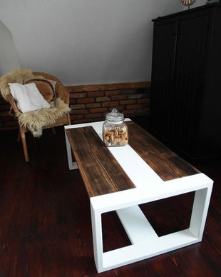 Măsuță cafea modernă din lemn masiv  design bicolor alb & lemn  110x50 cm  ATP Wood