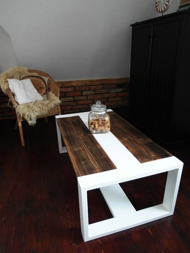 Măsuță cafea modernă din lemn masiv design bicolor alb & lemn 110x50 cm ATP Wood