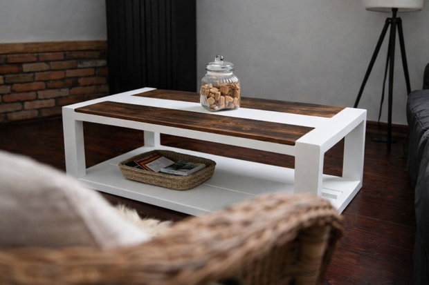 Măsuță cafea modernă din lemn masiv design bicolor alb & lemn 110x50 cm ATP Wood