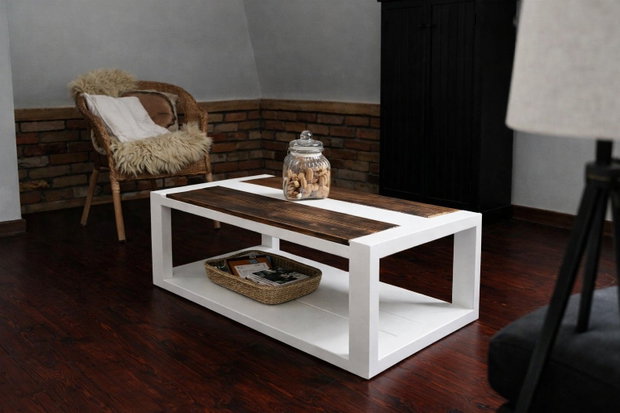 Măsuță cafea modernă din lemn masiv design bicolor alb & lemn 110x50 cm ATP Wood