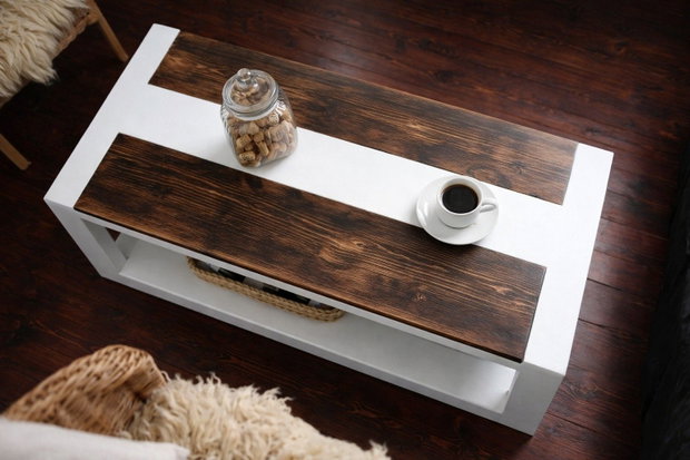 Măsuță cafea modernă din lemn masiv design bicolor alb & lemn 110x50 cm ATP Wood