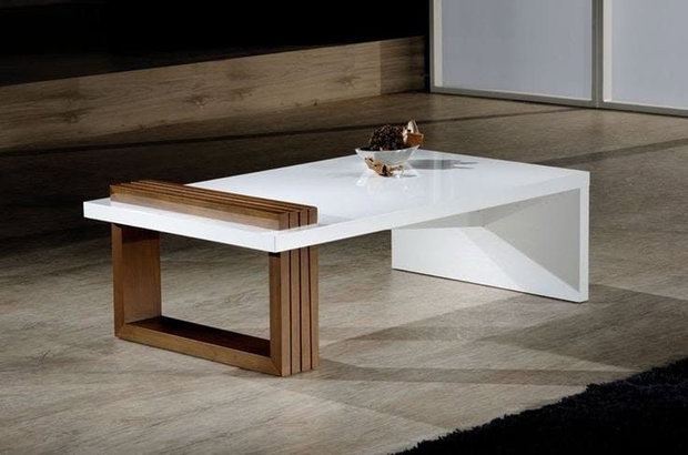 Măsuță cafea modernă din lemn masiv - design asimetric alb & stejar - 120x60 cm - ATP Wood
