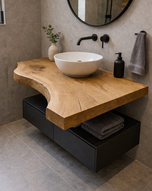 Blat baie din stejar masiv 100x60x6 cm - live edge, finisaj premium rezistent la apă