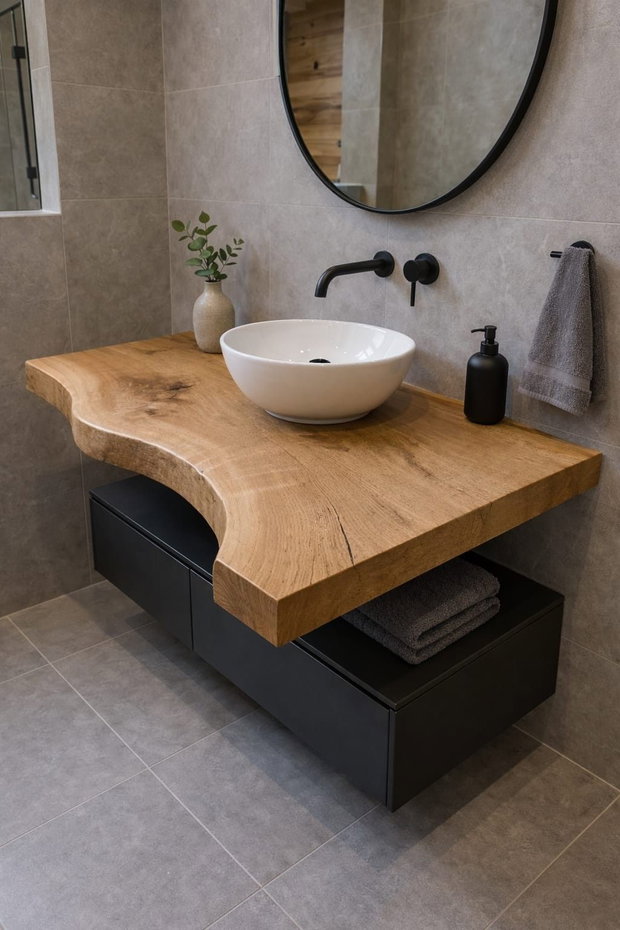 Blat baie din stejar masiv 100x60x6 cm - live edge, finisaj premium rezistent la apă