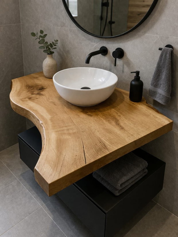 Blat baie din stejar masiv 100x60x6 cm - live edge, finisaj premium rezistent la apă