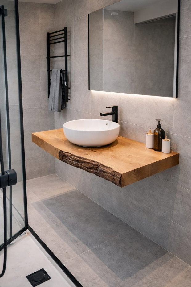 Blat baie din stejar masiv 75x60x6 cm - live edge natural, finisaj profesional rezistent la apă