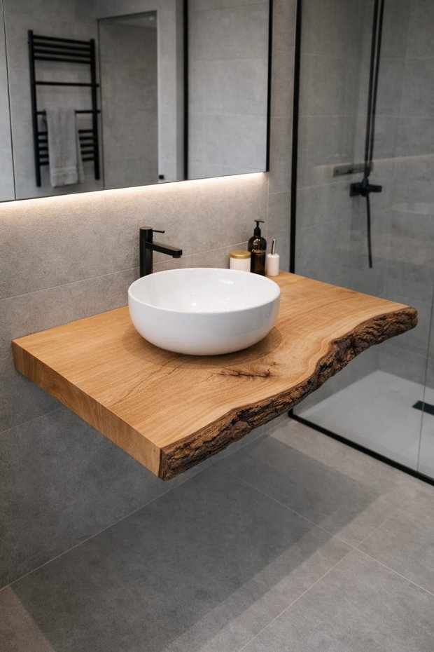 Blat baie din stejar masiv 75x60x6 cm - live edge natural, finisaj profesional rezistent la apă