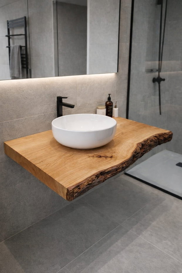 Blat baie din stejar masiv 75x60x6 cm - live edge natural, finisaj profesional rezistent la apă