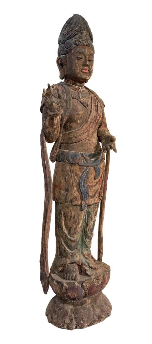 Guanyin-statuetea monumentala din lemn patinat