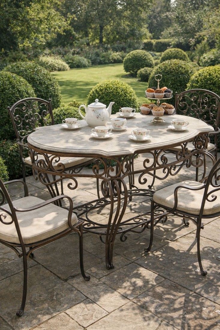 Masa antica de gradina fier forjat cu blat din marmura