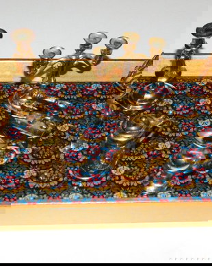 Tava sticla pictata interbelica  cu 8 miniaturi  alama  superbe