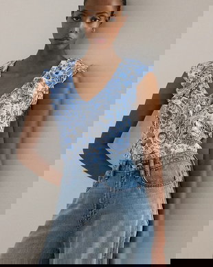 Lauren Ralph Lauren bluză cu volane pentru femei, din bumbac