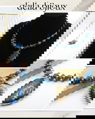 Set bijuterii cu apatit și labradorit colier statement & cercei eleganți (cod1415)