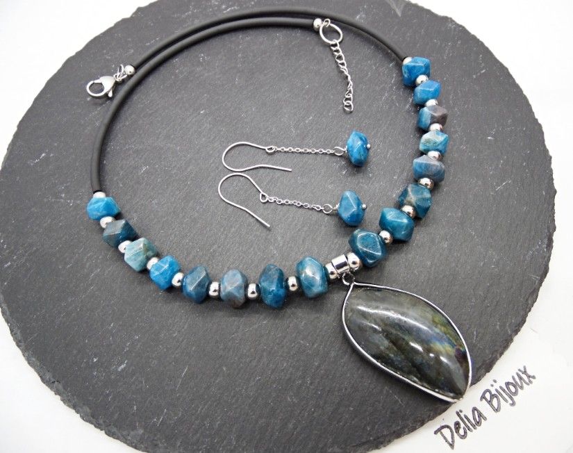 Set bijuterii cu apatit și labradorit colier statement & cercei eleganți (cod1415)