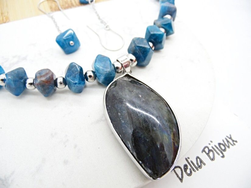 Set bijuterii cu apatit și labradorit colier statement & cercei eleganți (cod1415)