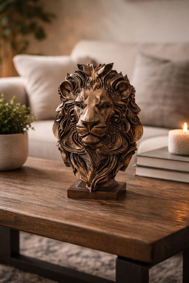 Statuetă Cap de Leu - Decor Birou / Living- Sculptură Bronz