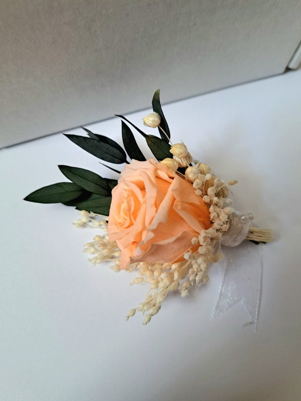 Cocarde / Flori de pus în piept / Butoniere nuntă Mire / Naș - trandafir mare criogenat și flori uscate, Peach,Piersică, Somon, Grena, Alb, Verde