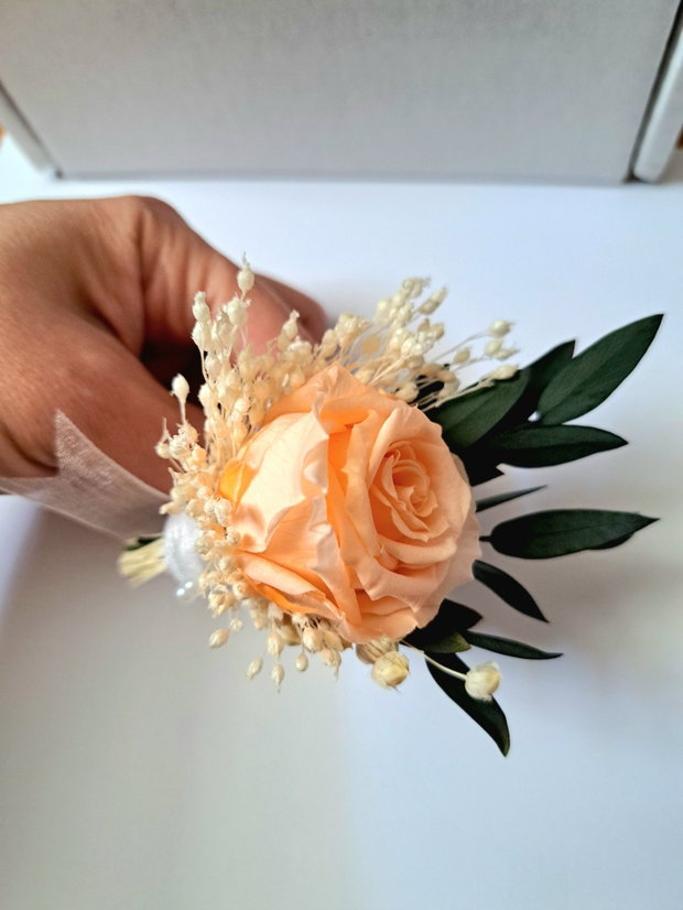 Cocarde / Flori de pus în piept / Butoniere nuntă Mire / Naș - trandafir mare criogenat și flori uscate, Peach,Piersică, Somon, Grena, Alb, Verde