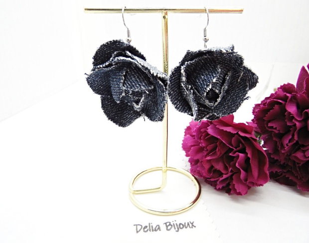 Cercei statement din blugi reciclat flori handmade (cod1417)