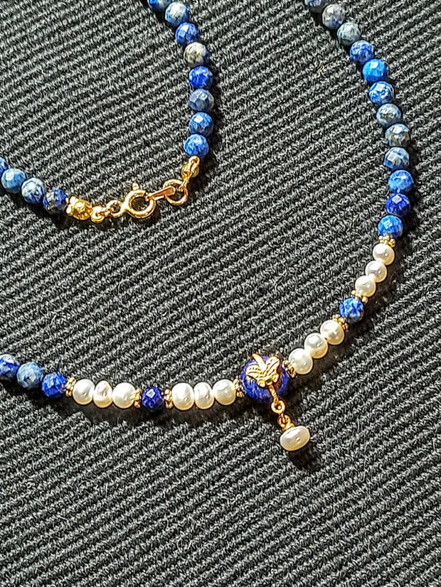 Colier vermeil lapis lazuli perle naturale de cultura charm argint placat cu aur romantic boho chic trendy