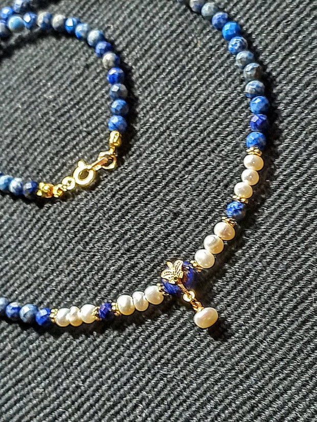 Colier vermeil lapis lazuli perle naturale de cultura charm argint placat cu aur romantic boho chic trendy