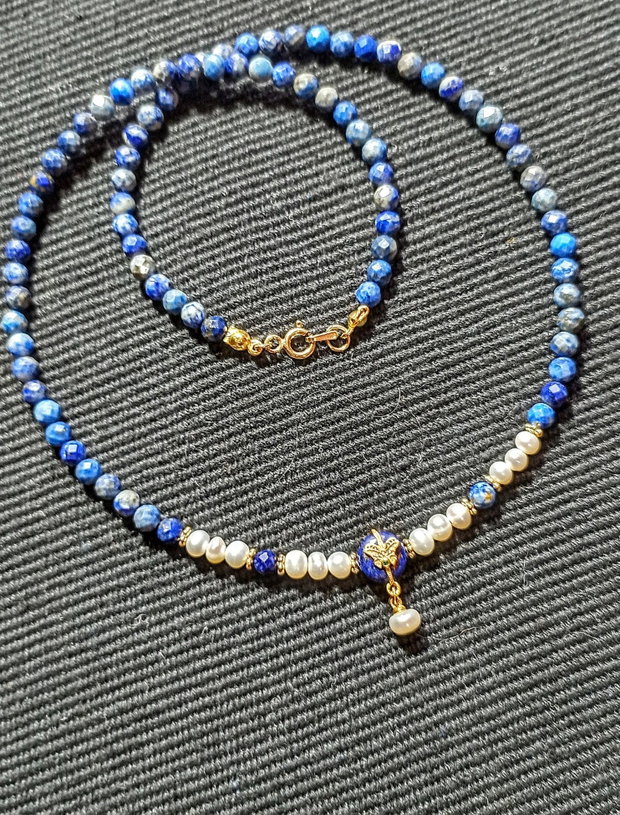 Colier vermeil lapis lazuli perle naturale de cultura charm argint placat cu aur romantic boho chic trendy