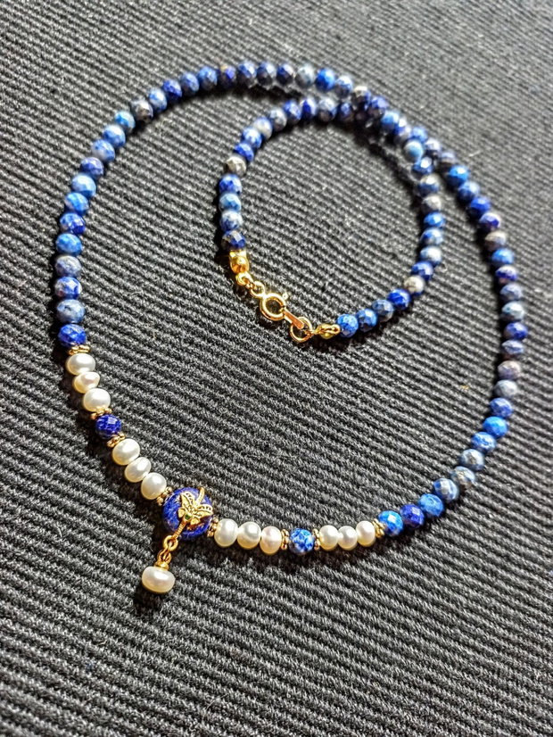 Colier vermeil lapis lazuli perle naturale de cultura charm argint placat cu aur romantic boho chic trendy