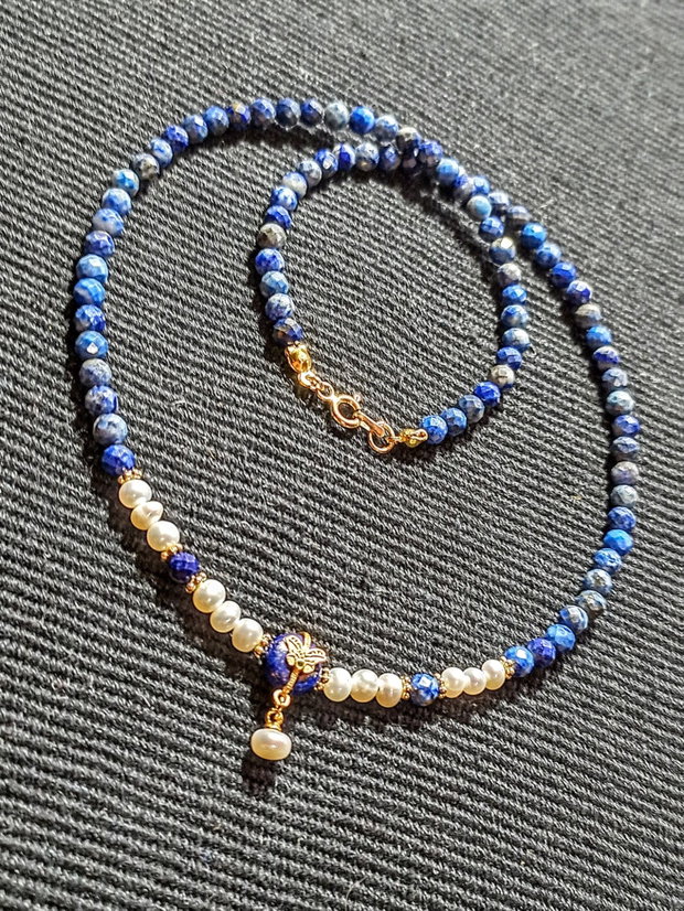 Colier vermeil lapis lazuli perle naturale de cultura charm argint placat cu aur romantic boho chic trendy