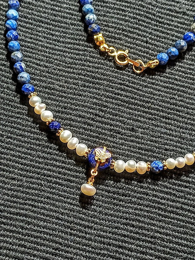 Colier vermeil lapis lazuli perle naturale de cultura charm argint placat cu aur romantic boho chic trendy
