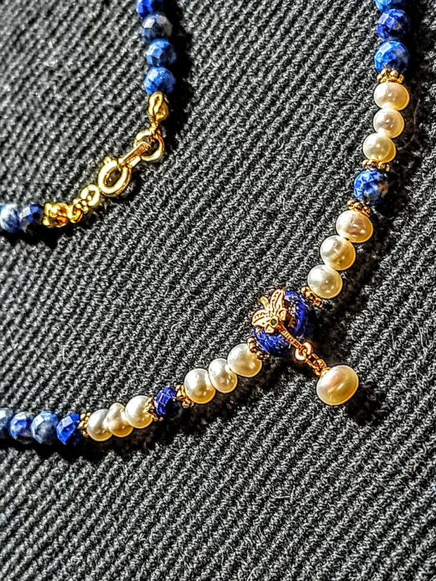 Colier vermeil lapis lazuli perle naturale de cultura charm argint placat cu aur romantic boho chic trendy