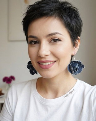 Cercei statement din blugi reciclat  flori handmade (cod1417)