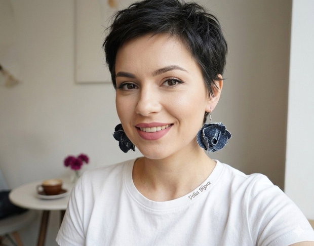 Cercei statement din blugi reciclat flori handmade (cod1417)
