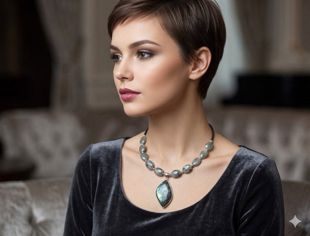 Colier elegant cu labradorit fatetat si pandantiv labradorit (cod1416)