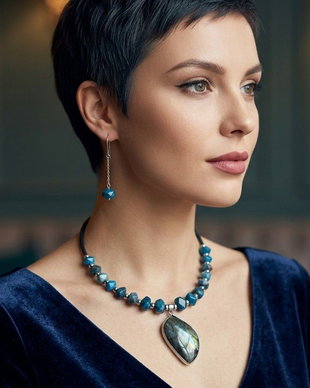 Set bijuterii cu apatit și labradorit  colier statement & cercei eleganți (cod1415)